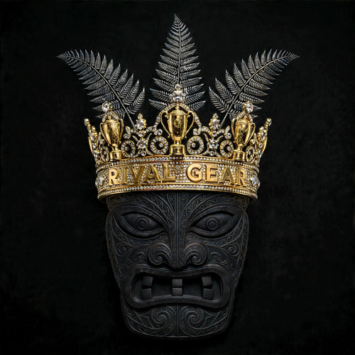 Rival Gear crown logo — Māori tātā face with jewelled gold crown and silver fern